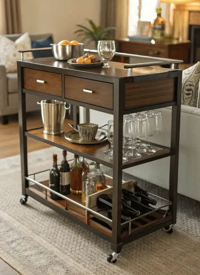 Bar cart styled with bottles and glassware in a dark living room
