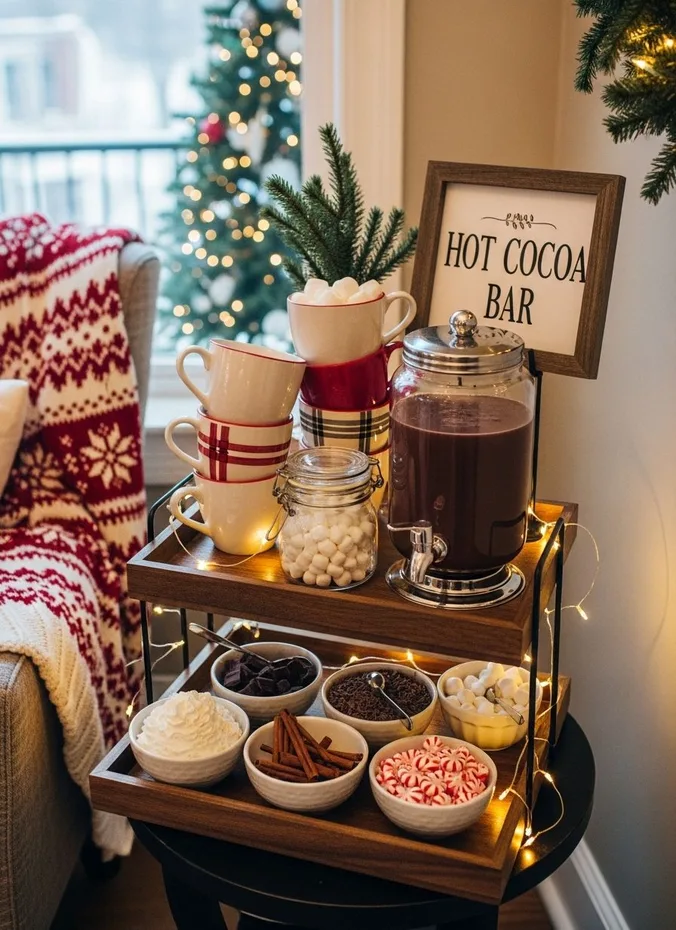 Hot cocoa bar station with mugs marshmallows and candy canes