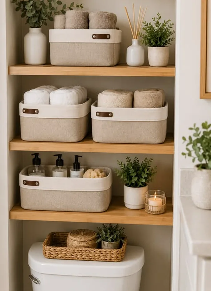 Decorative lidded boxes stacked on a shelf above a toilet