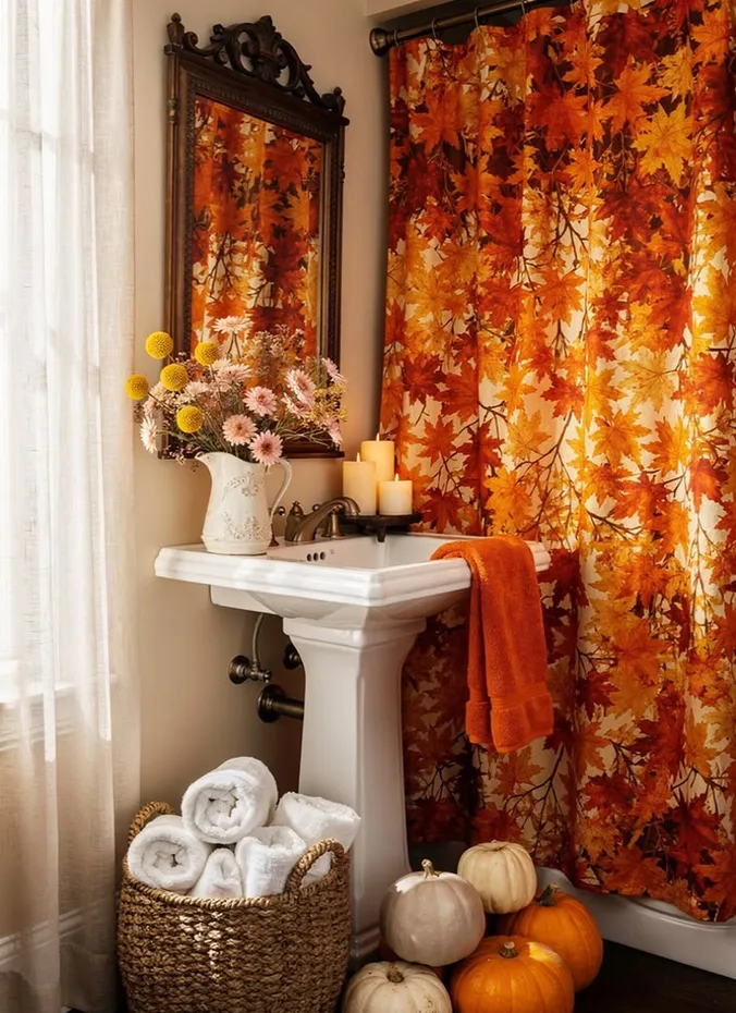Bathroom counter with a fall colored hand towel small pumpkin and candle