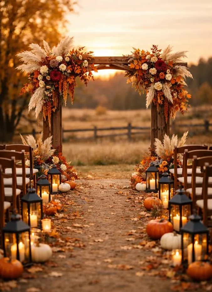 Fall leaves and mini pumpkins lining the edges of a wedding aisle