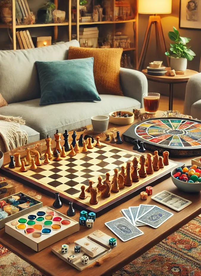 Stack of board games and puzzle on a coffee table