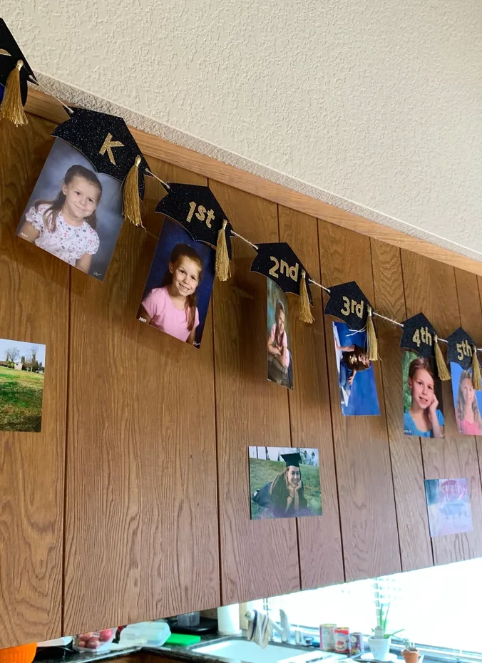 Timeline banner of school year photos clipped along a ribbon