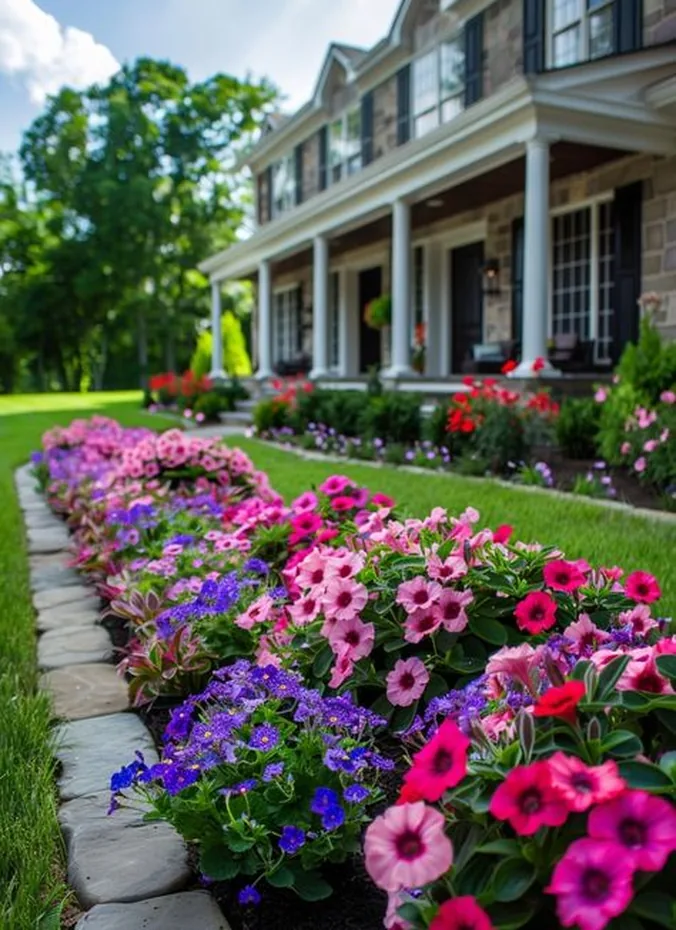 Colorful annual flowers in a front bed