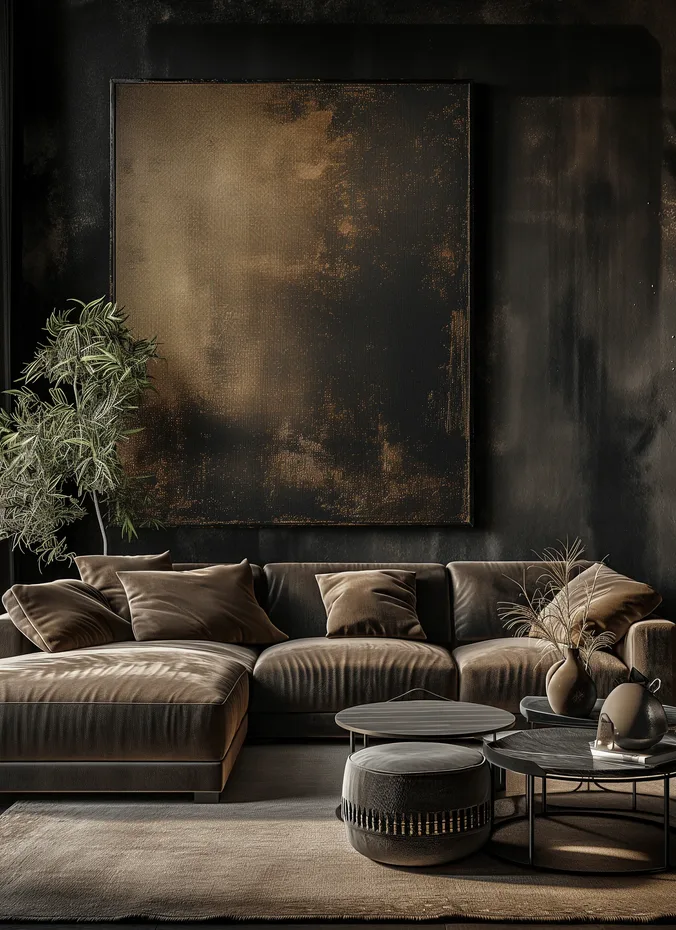 Dark textured wallpaper in a moody living room