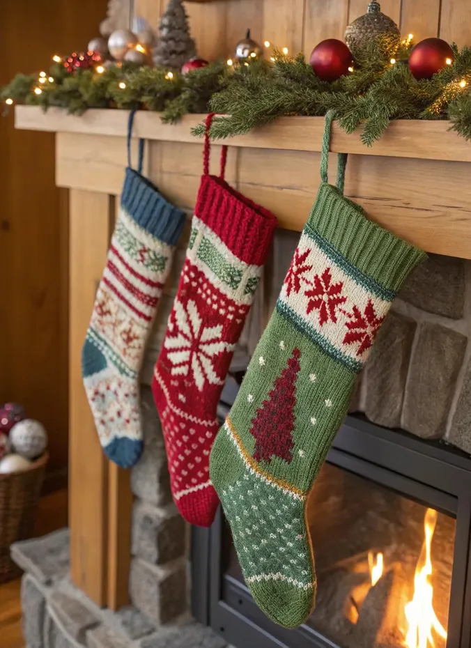 Hand knit Christmas stockings hanging from a wooden mantel