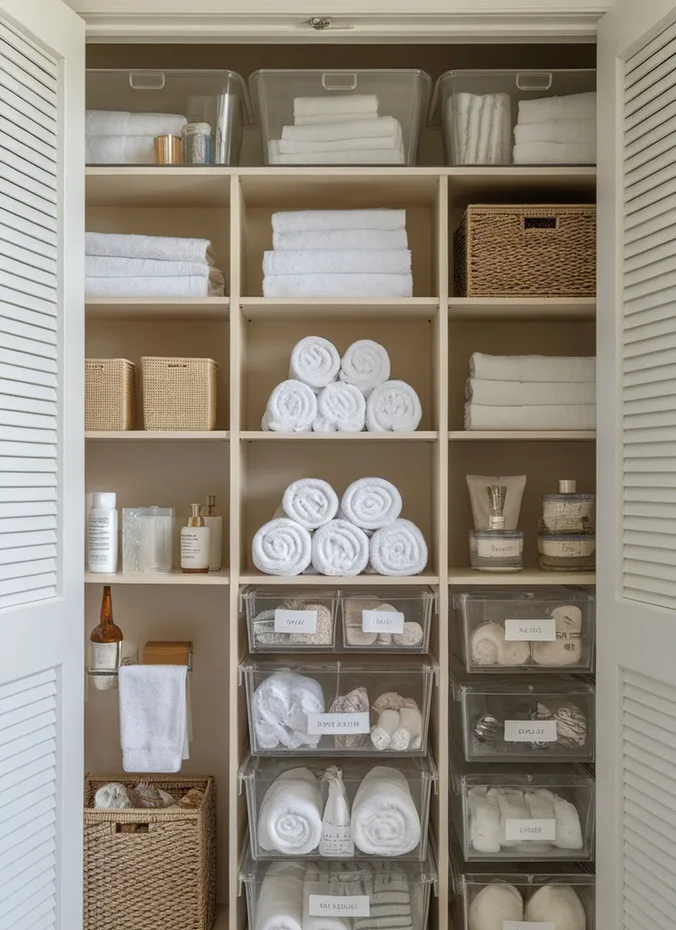 Seasonal storage box on the top shelf of a bathroom closet