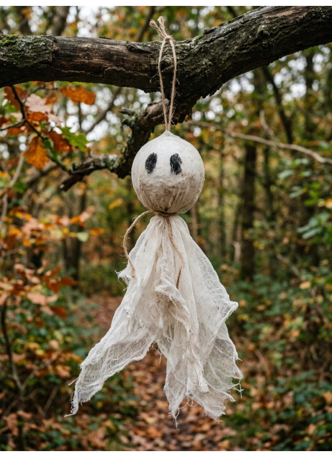 Cheesecloth ghosts on styrofoam heads