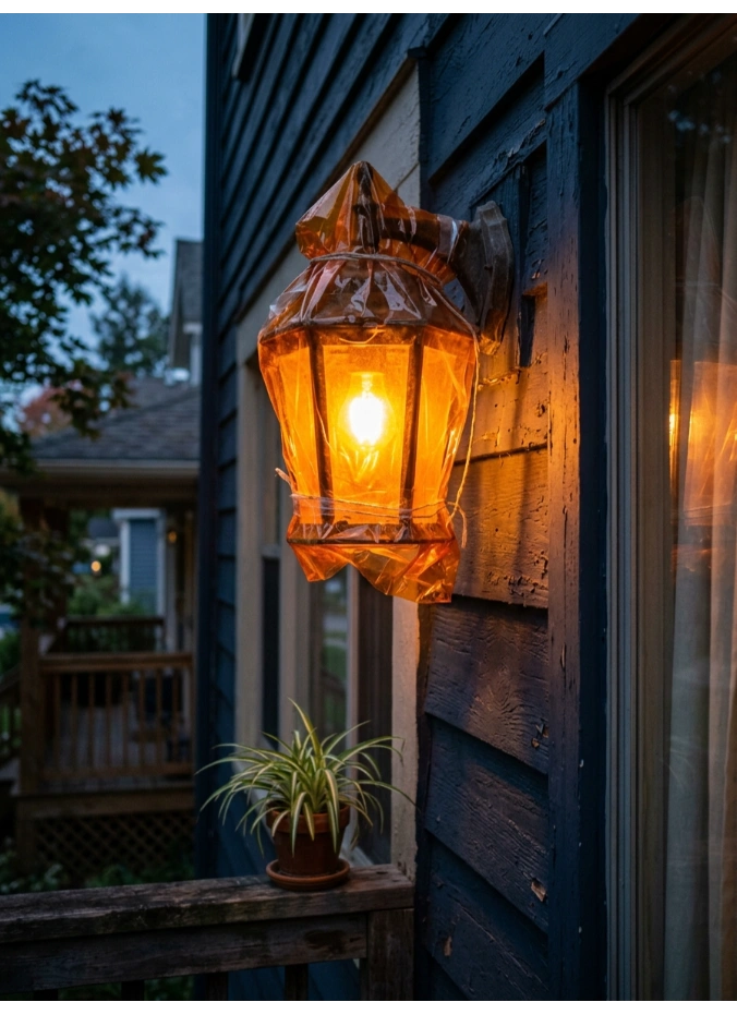 Colored cellophane over porch lights