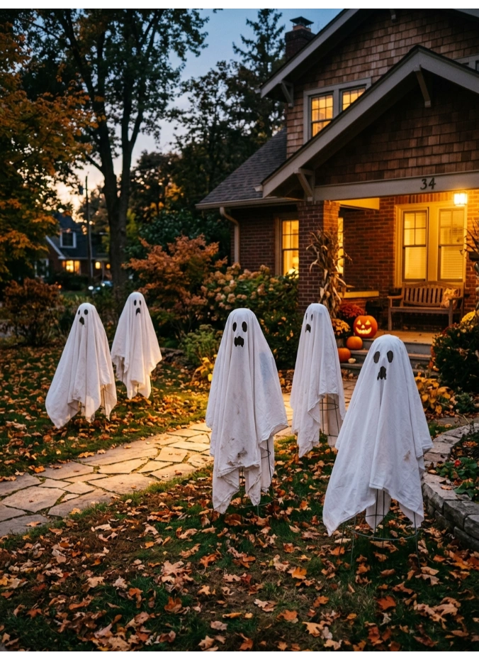 Classic bedsheet ghosts on a frame