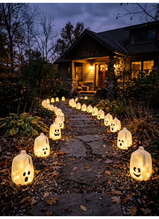 Milk jug ghosts with lights inside