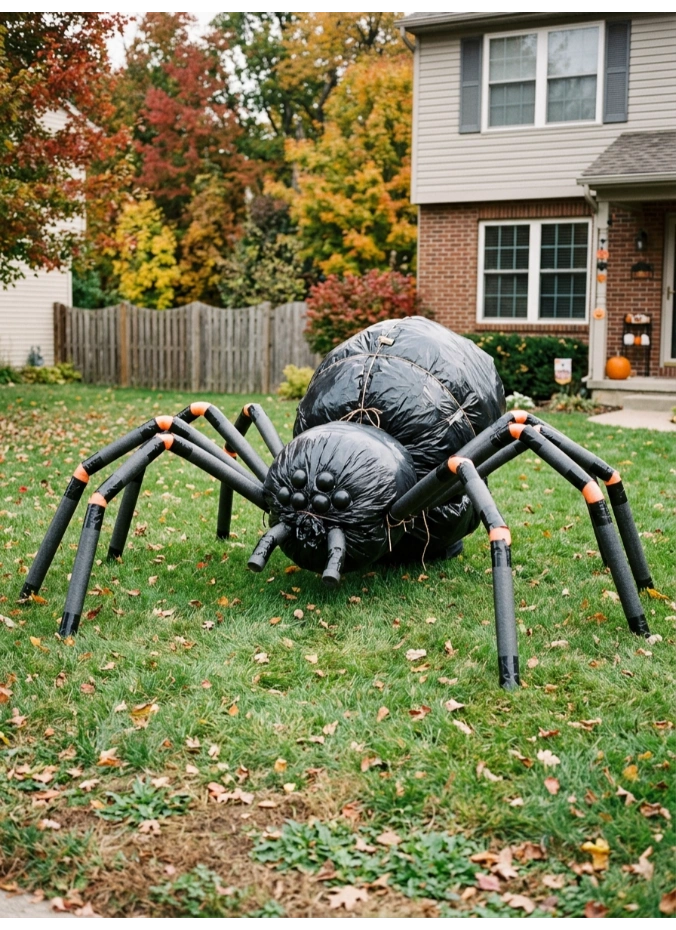 Trash bag spiders with pool noodle legs