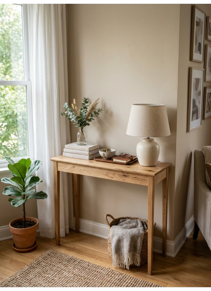A slim console table against the corner wall