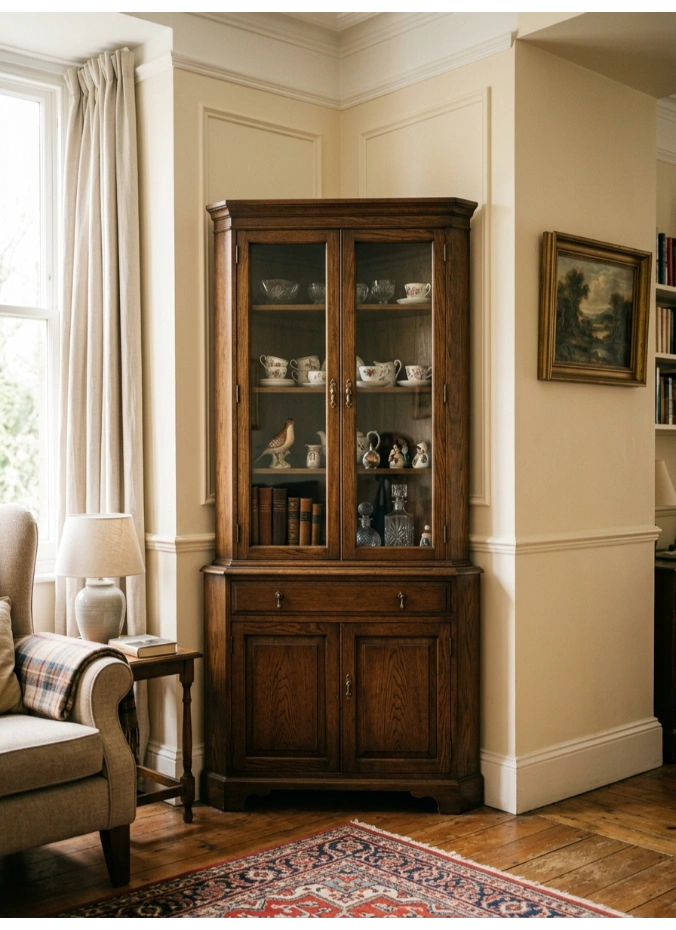 A freestanding corner cabinet for display