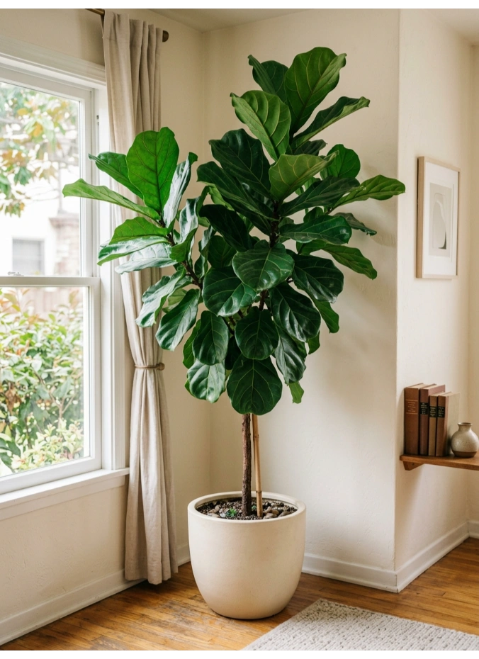 One large-leaf plant in a solid pot