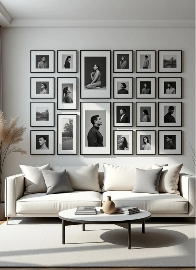 Three matching black frames in a row above a neutral couch