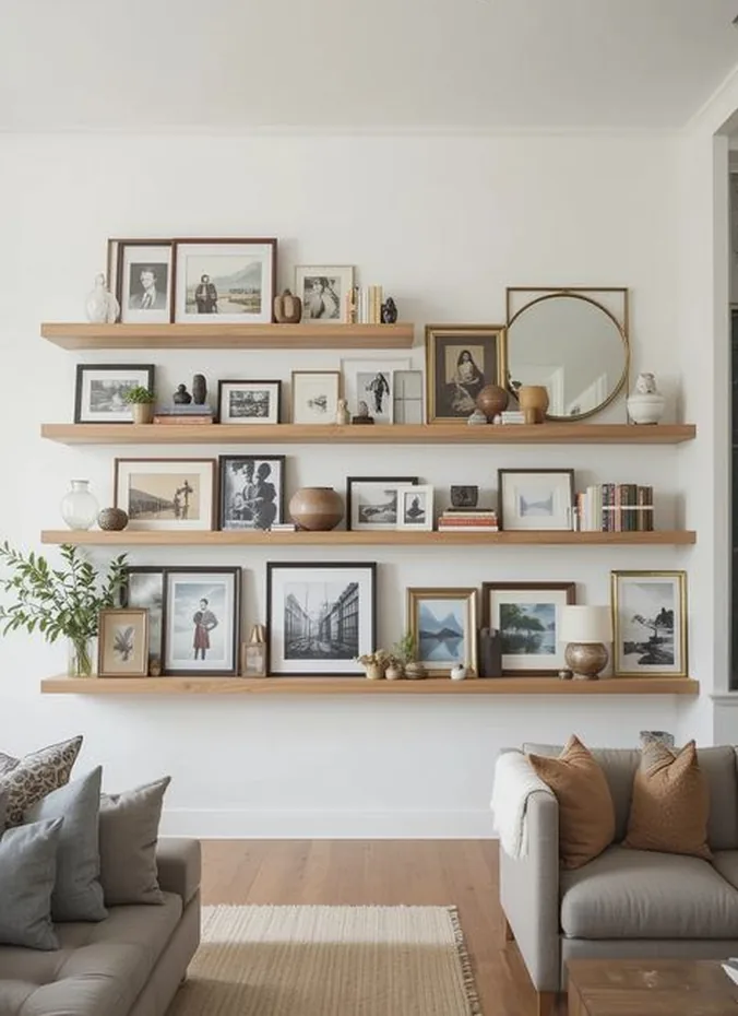 Wooden picture ledge above a sofa holding layered art frames