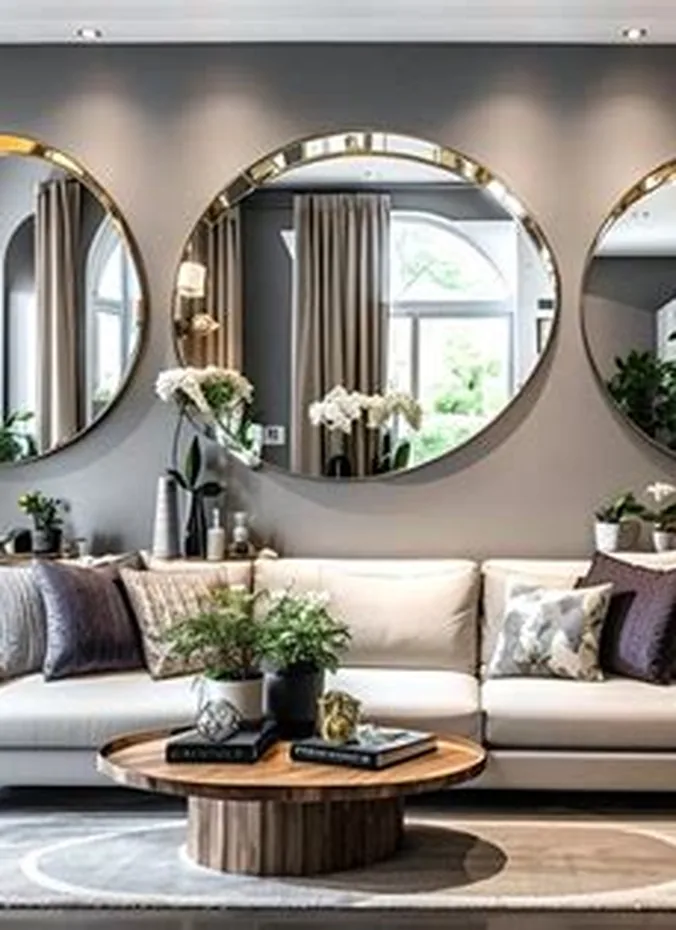 Large round mirror with thin brass frame above a sofa in a living room