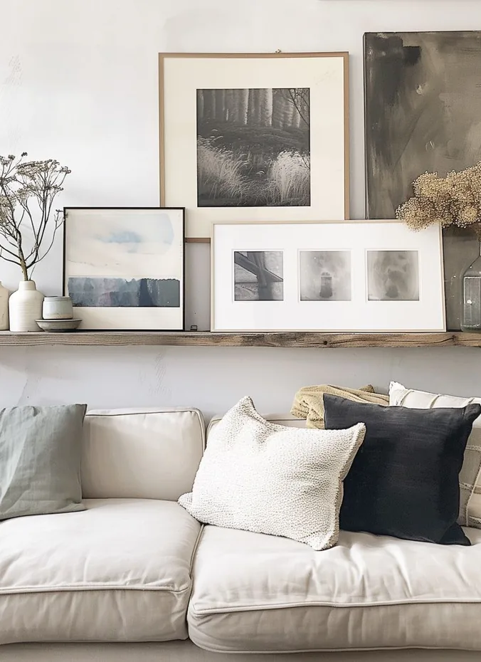 Long wooden shelf above a sofa styled with vases books and a small frame