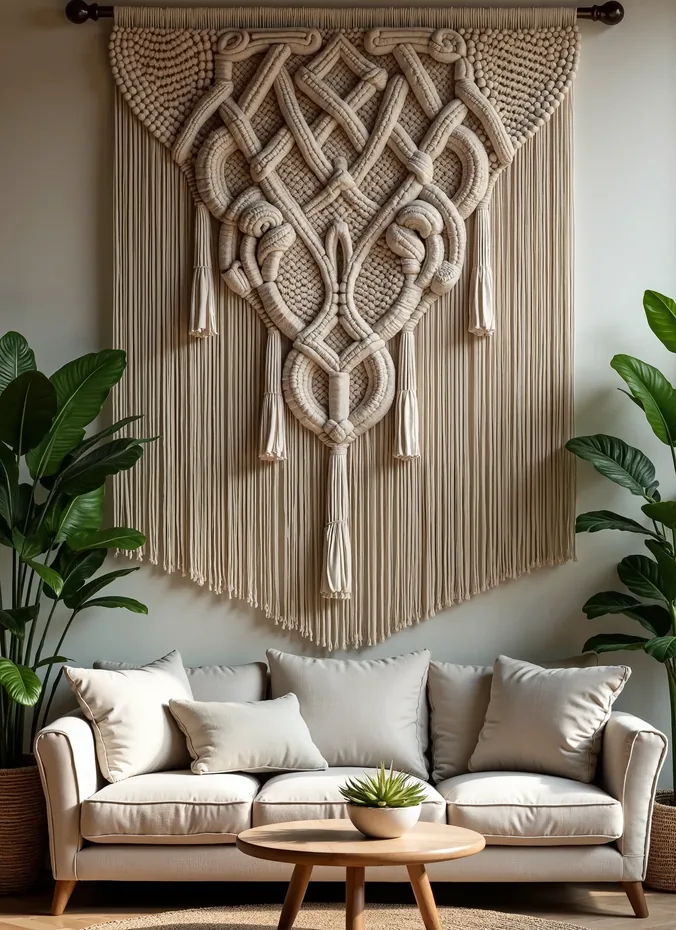 Cream macrame wall hanging above a sofa in a cozy living room