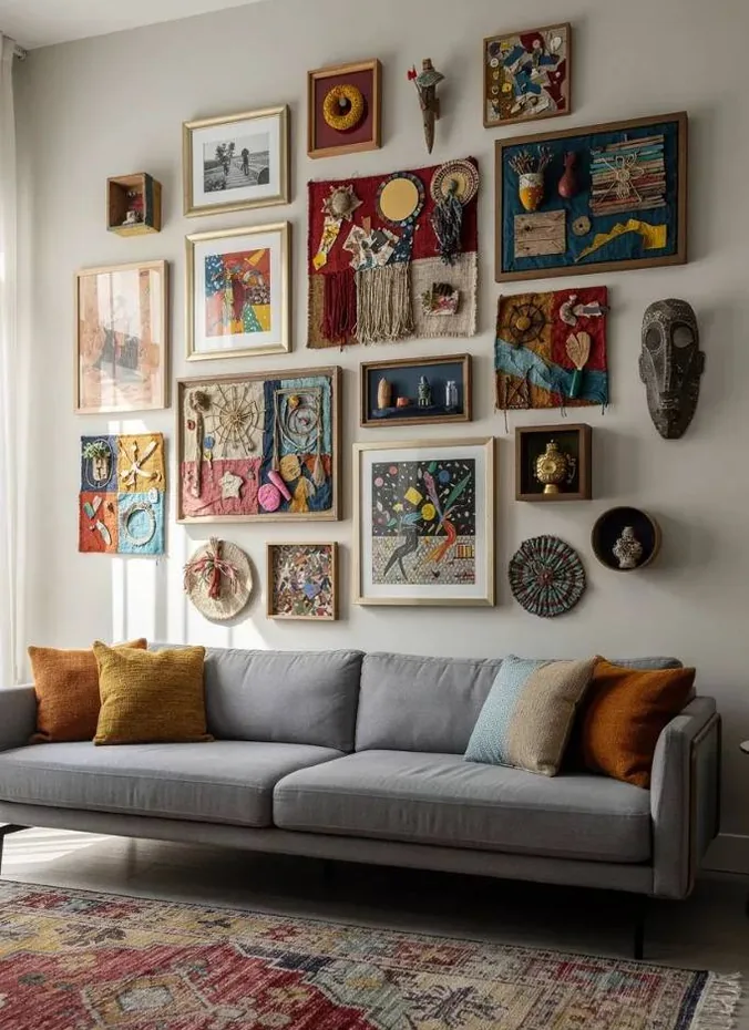 Framed patterned fabric panels hung above a neutral sofa