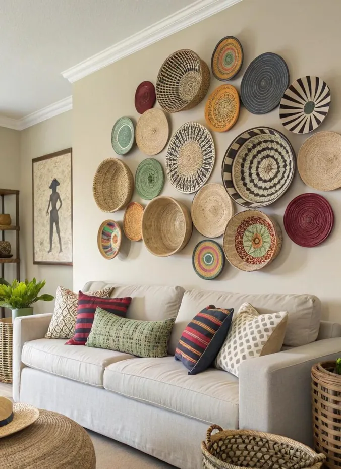 Cluster of woven baskets arranged as wall art above a couch