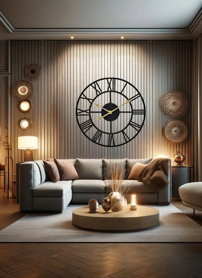Large round wall clock with black frame above a living room sofa
