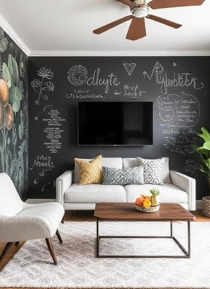 Framed chalkboard with handwritten quote above a couch in a family room