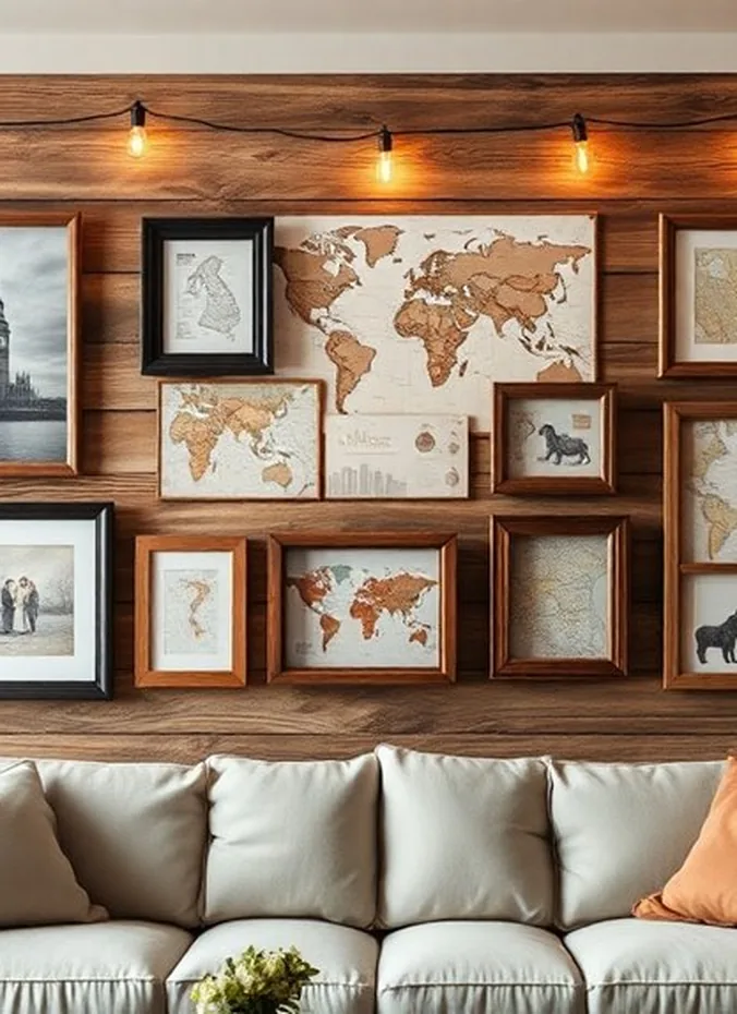 String lights with clipped photos displayed on the wall above a sofa