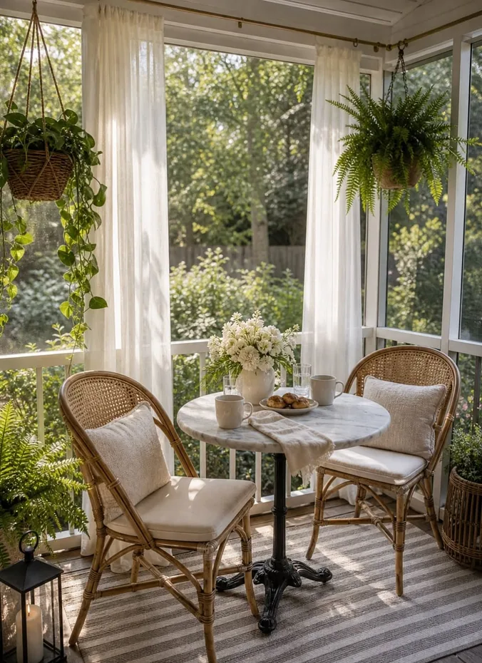 Small bistro table and chairs set for coffee on a back porch