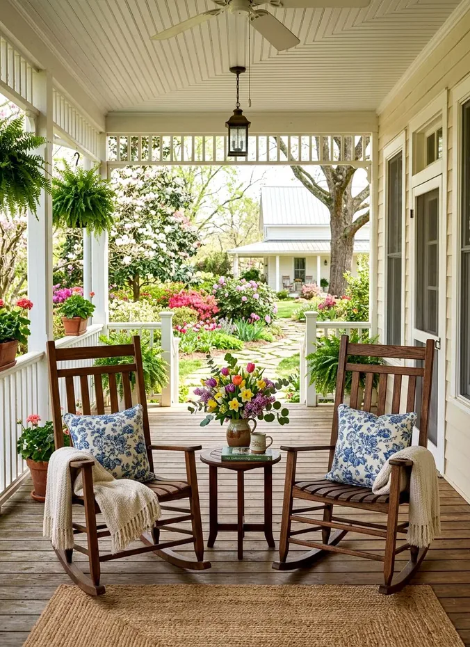 Pair of rocking chairs facing the yard on a back porch