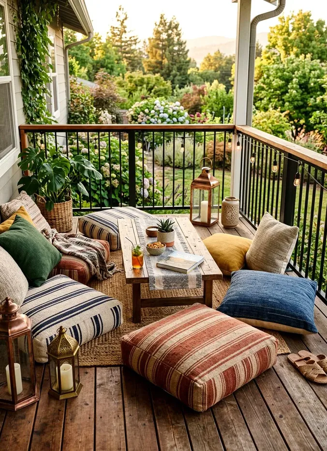 Outdoor poufs and floor pillows arranged on a back porch