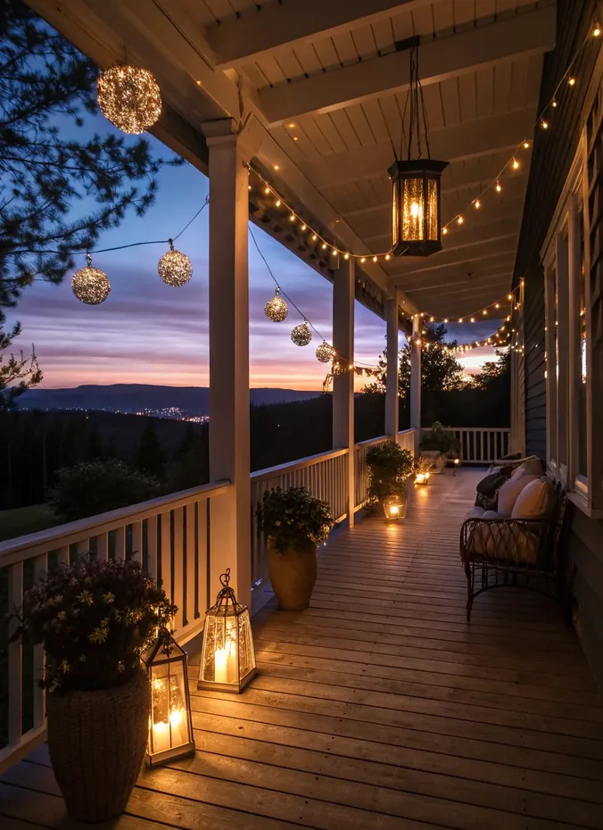 String lights glowing across a back porch ceiling at dusk