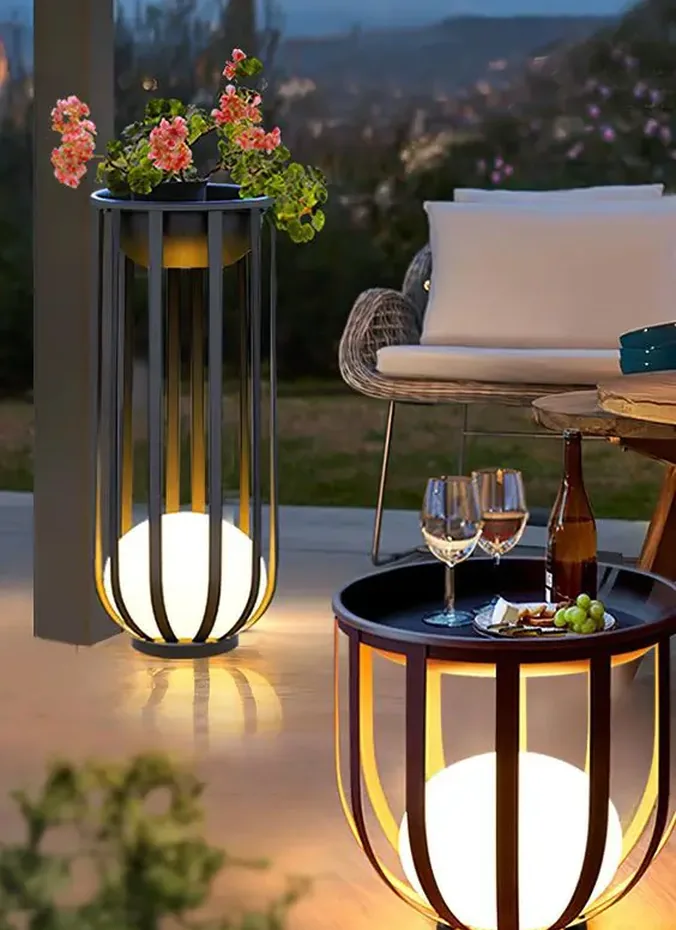 Solar lanterns glowing on outdoor side tables