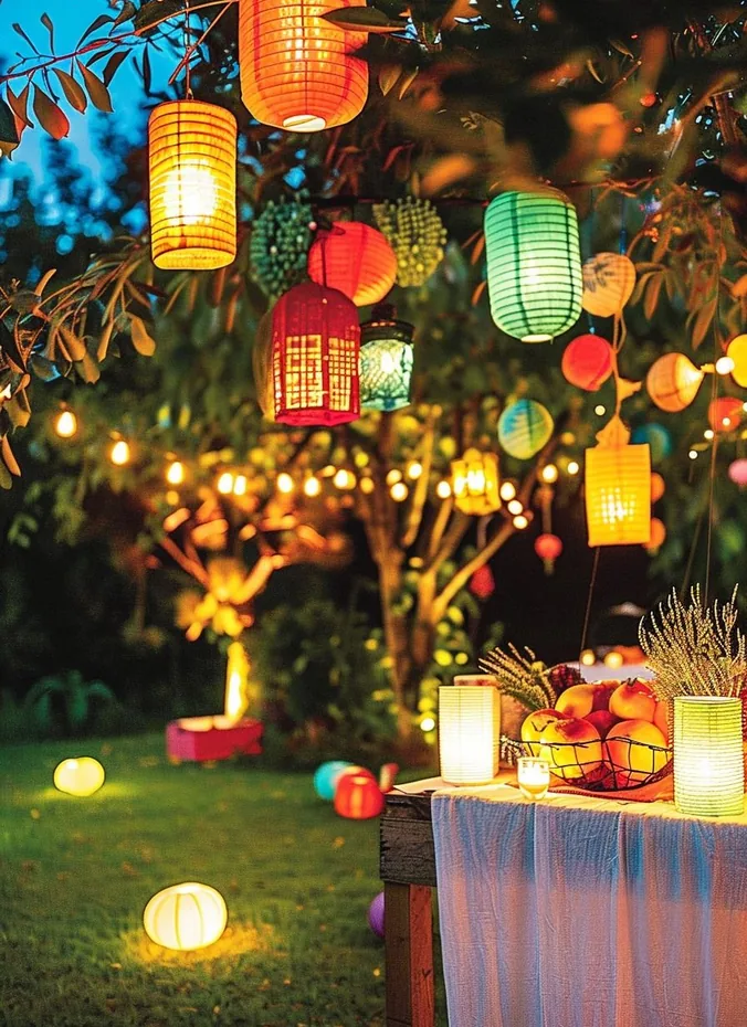 Colorful paper lanterns hung for an evening porch party