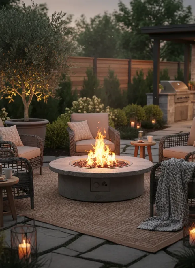 Cozy fire pit with seating in a backyard corner at dusk