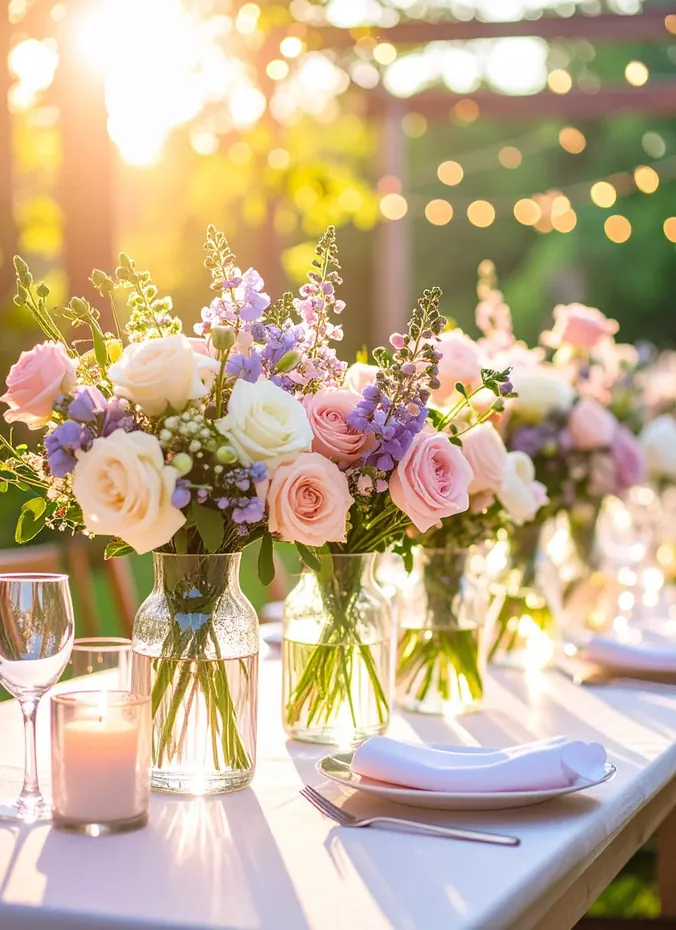 Row of small bud vases with single flowers as bridal shower table centerpiece