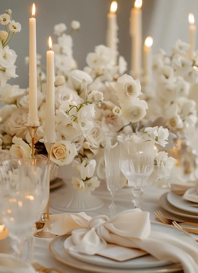 Ivory taper candles with white blooms on bridal shower table