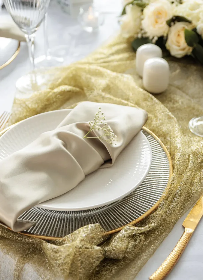 Champagne satin table runner on bridal shower table setting