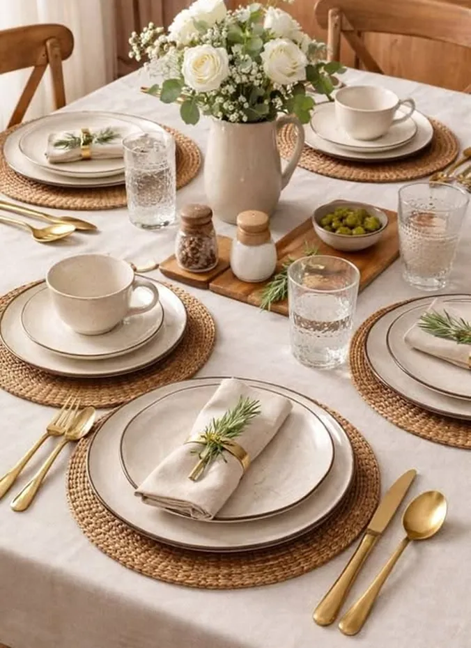 Woven rattan placemats with neutral plates on bridal shower table