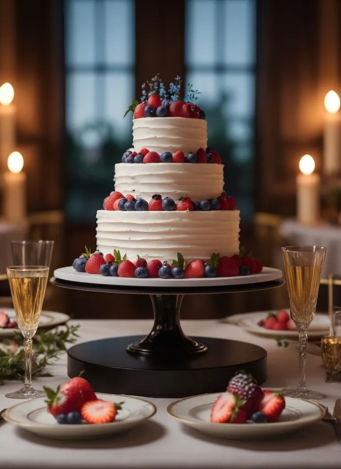 Cake stand piled with fresh berries as bridal shower table centerpiece