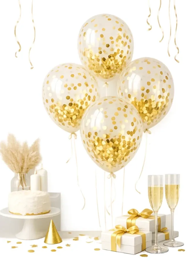 Clear balloons filled with confetti tied to bridal shower table