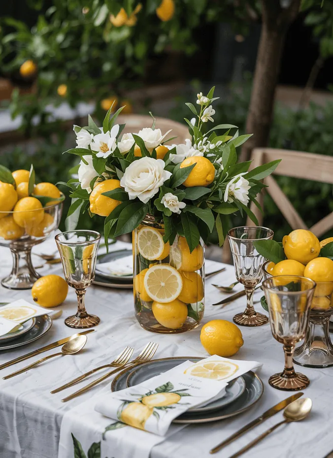 Citrus slices and fresh herbs as bridal shower table centerpiece