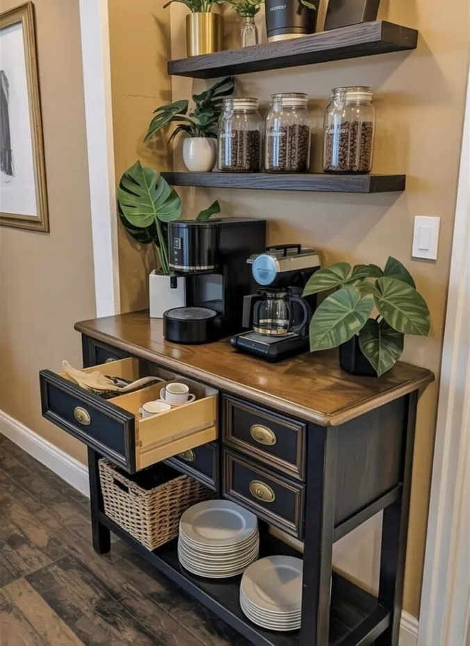 Narrow console table used as a coffee station with shelves above