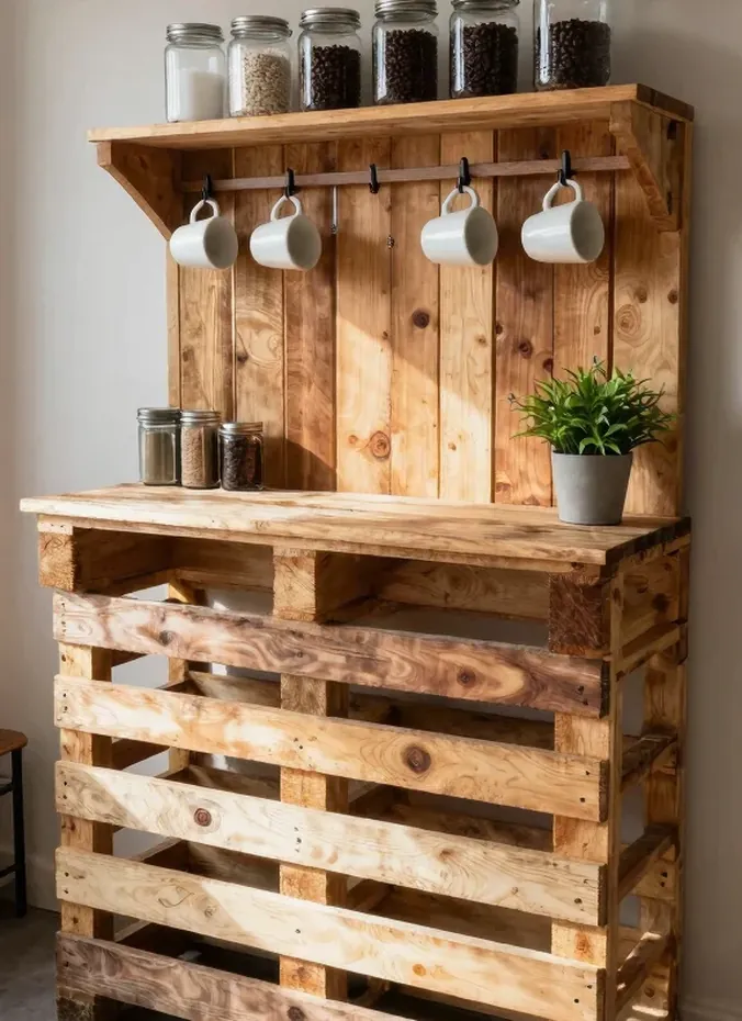 Rustic wood pallet coffee bar with mugs and canisters