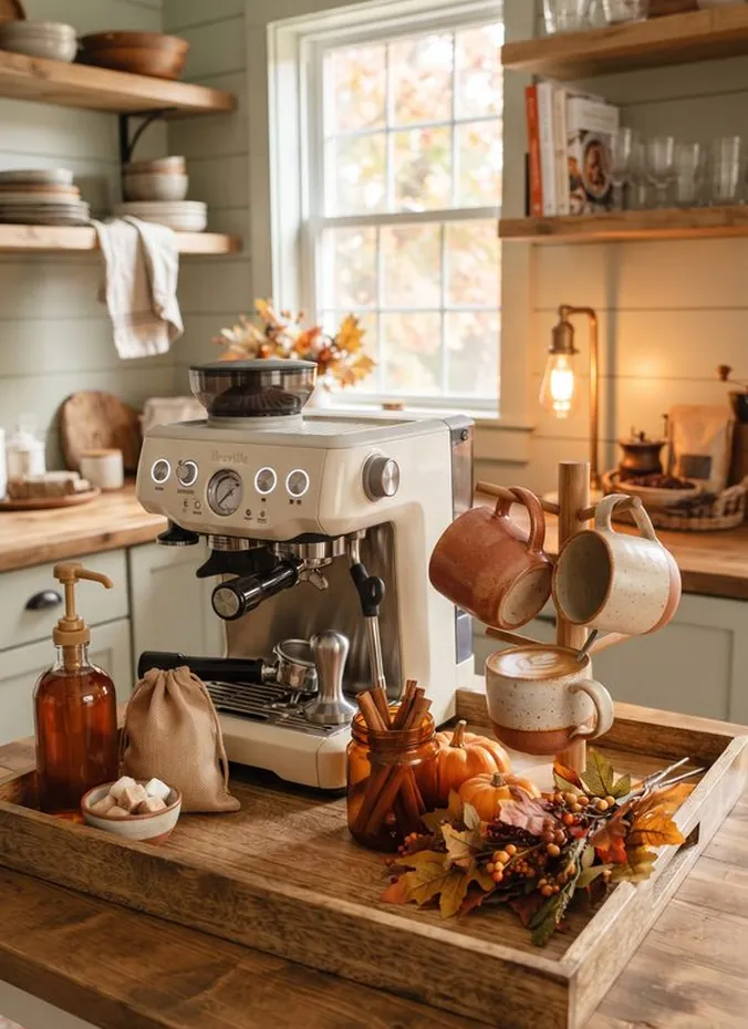 Fall coffee station decorated with pumpkins and autumn leaves