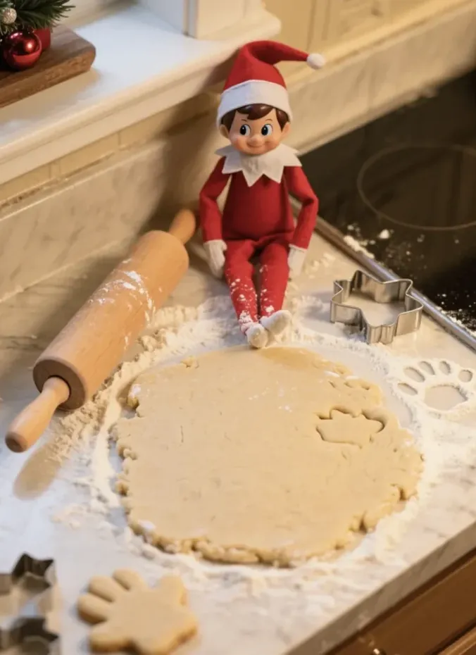 Elf on the shelf making a floury mess while baking cookies