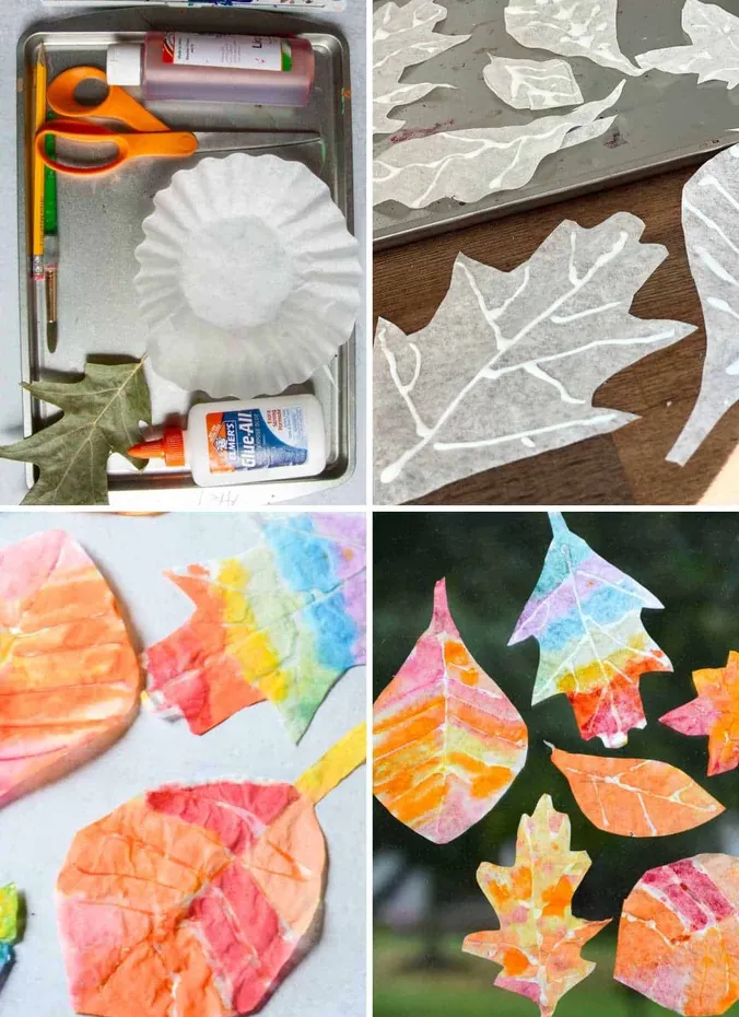 Colorful coffee filter fall leaves in orange pink and blue made by kids