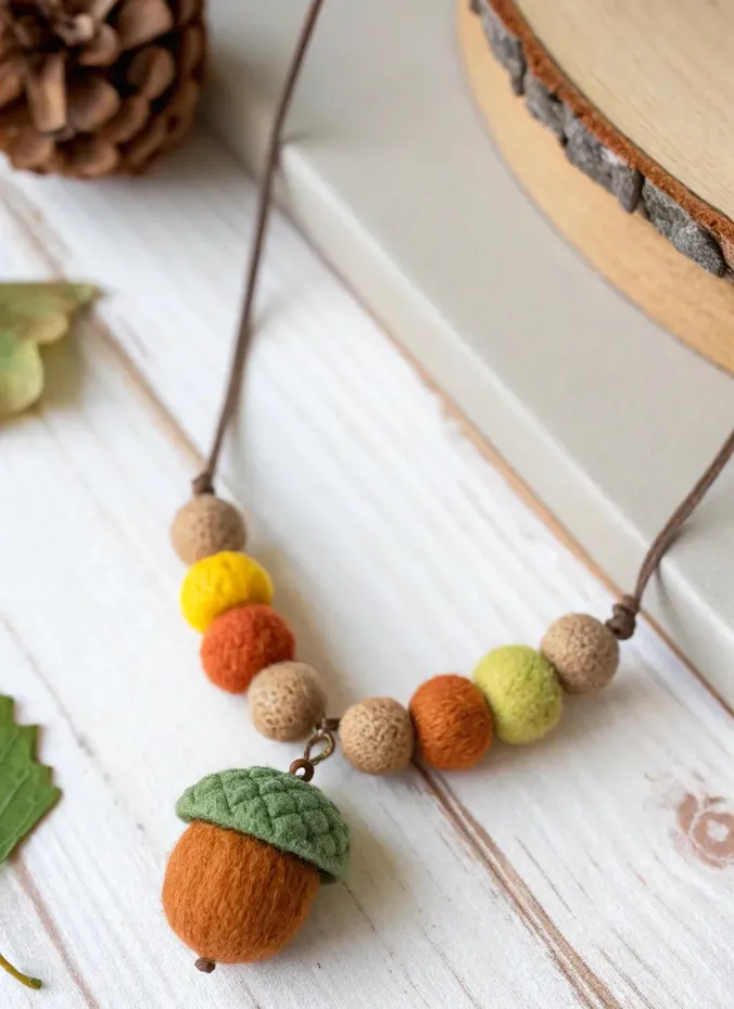 Felt acorn necklace with colorful autumn felt balls on a cord