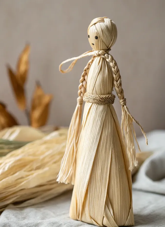 Handmade corn husk doll with braided hair on a table